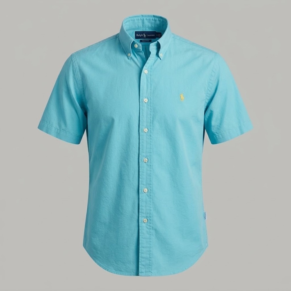 Ralph Lauren Vintage Men's Teal Color w Yellow Pony Short Sleeve Shirt. Size M
